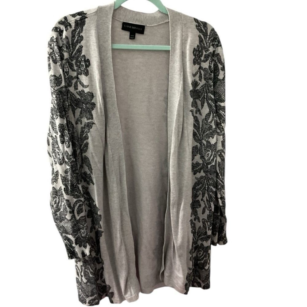 Lane Bryant Light Gray Open-Front Cardigan with Black Floral Sequin Detail